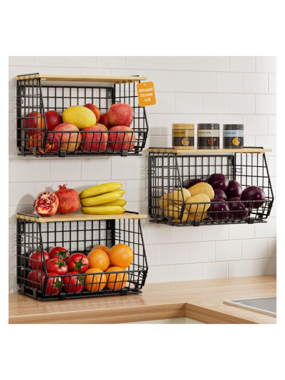 Hanging Fruit Basket Set Carbon Steel Wheat Straw Lid Wall Mounted Kitchen